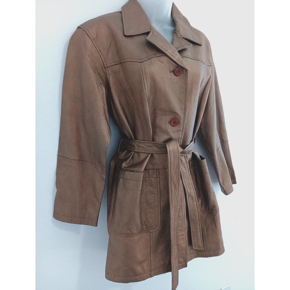 VTG Leather Trench Coat Belted Women Small Metalic Gold Belted‎ Countryside Chic - Picture 3 of 16